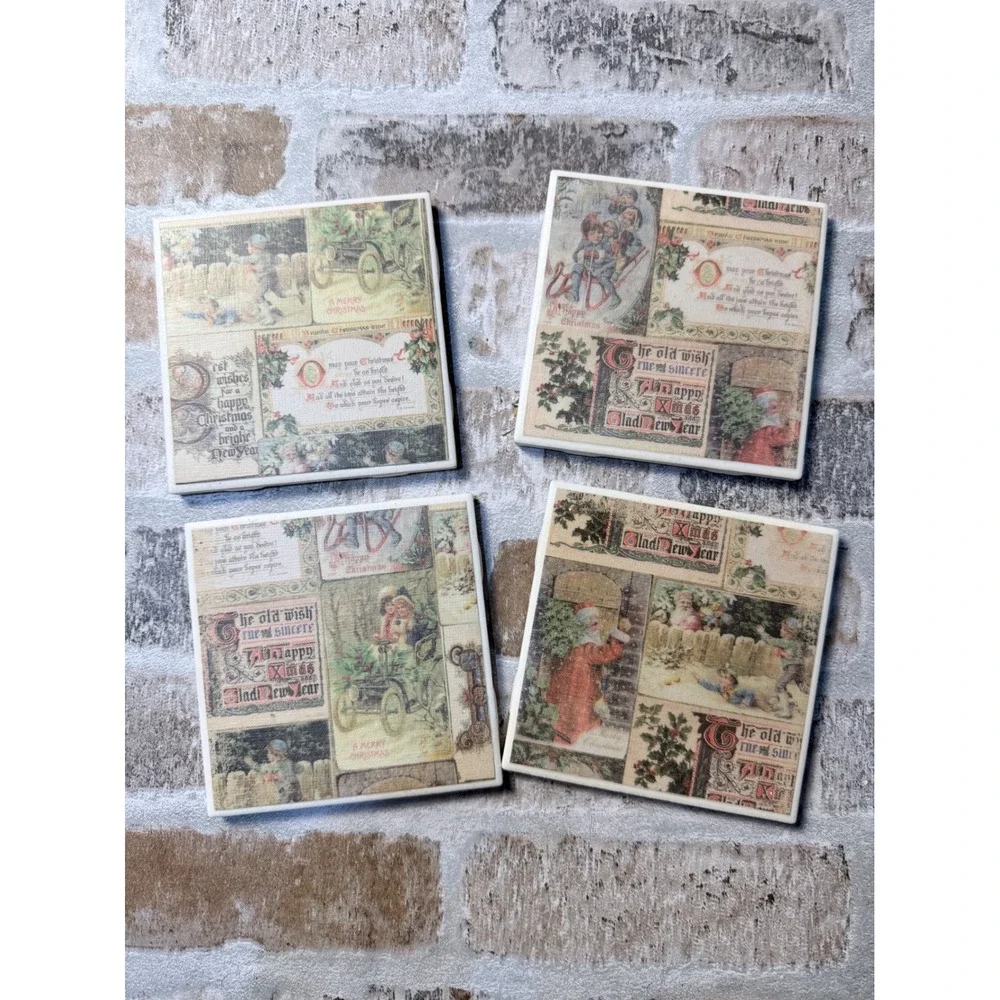 Vintage Style Christmas Coasters Set of 4 Ceramic Cork Back Holiday Decor 4x4